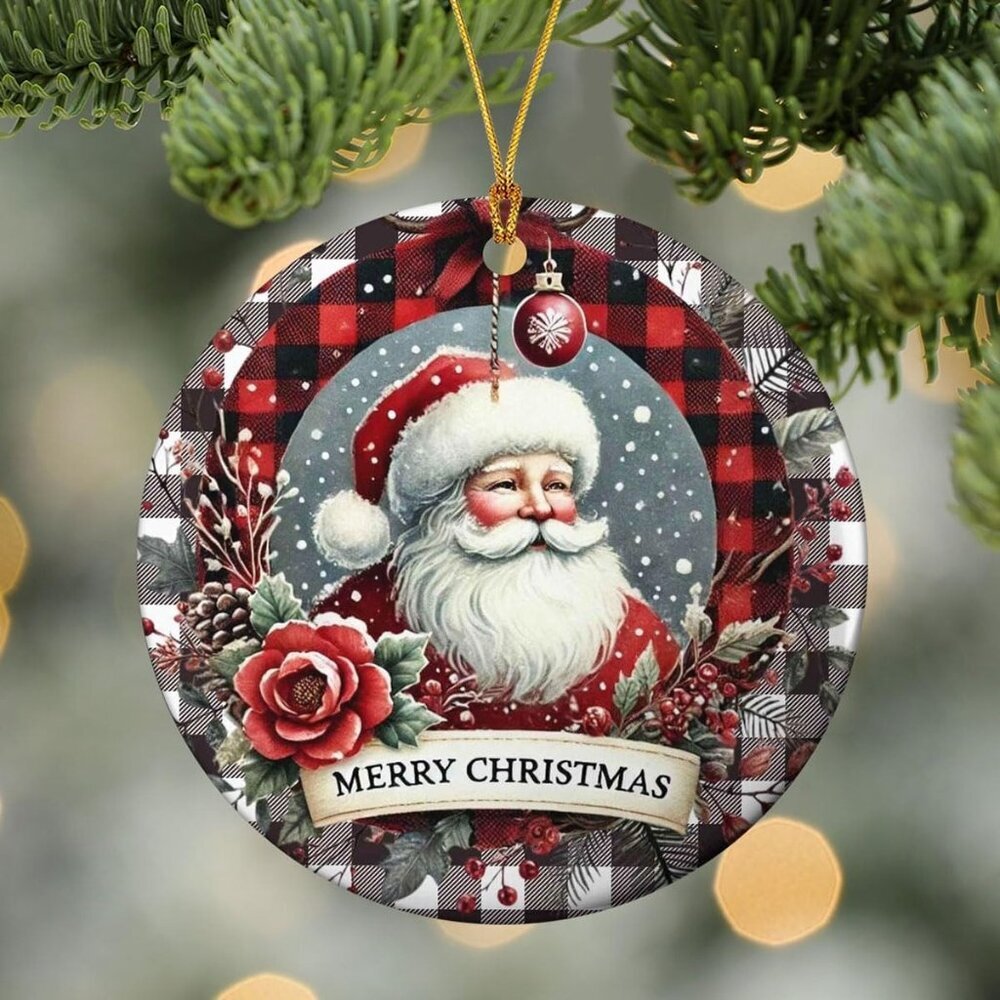Set of 2 Acrylic Santa Claus Christmas Tree Ornaments Round Hanging Decor